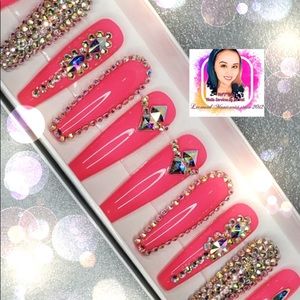 Gorgeous Hot Pink-coffin-NailsSwarovski crystals!